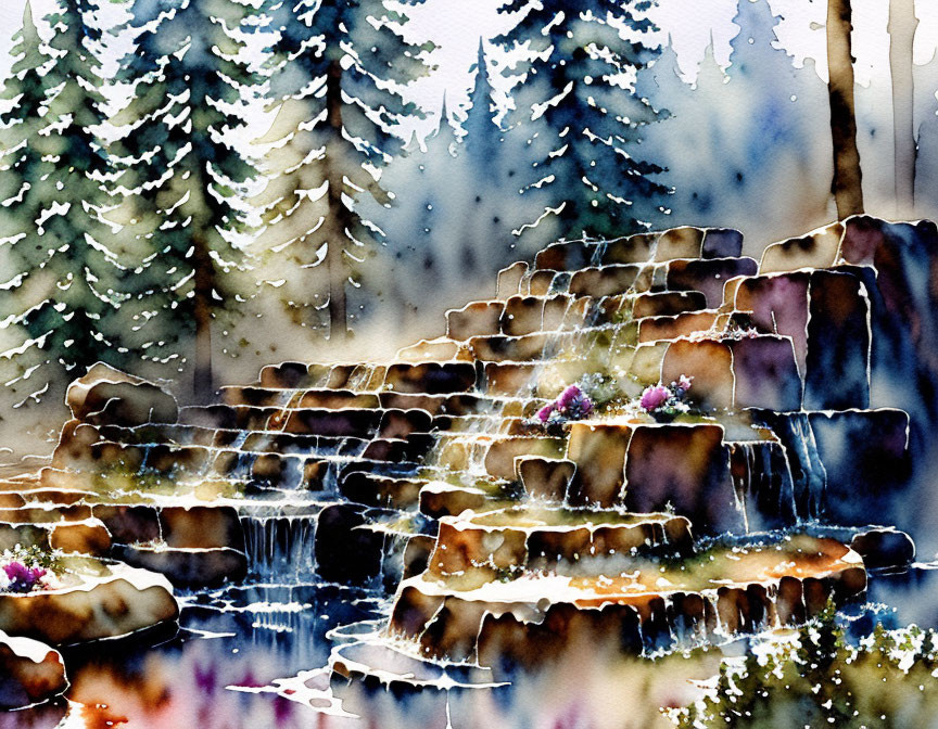 Scenic watercolor: cascading waterfall, stone steps, pine trees, snowy sky