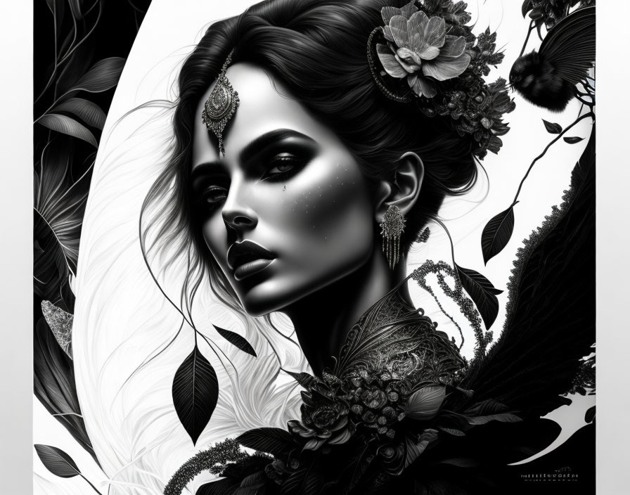 Detailed Monochrome Digital Art of Woman with Makeup and Floral Elements