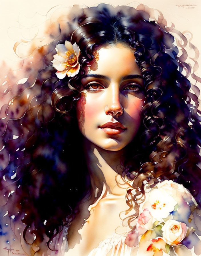 Portrait of woman with voluminous curly hair and flowers in soft watercolor style