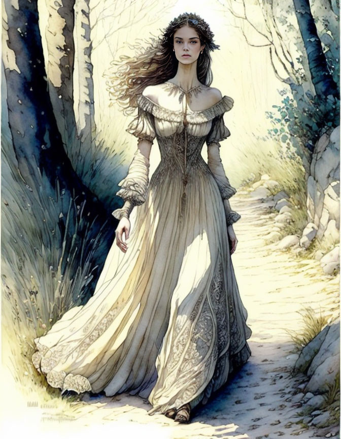 Detailed Vintage Dress Woman Walking Forest Path Stone-lined Fantasy Theme