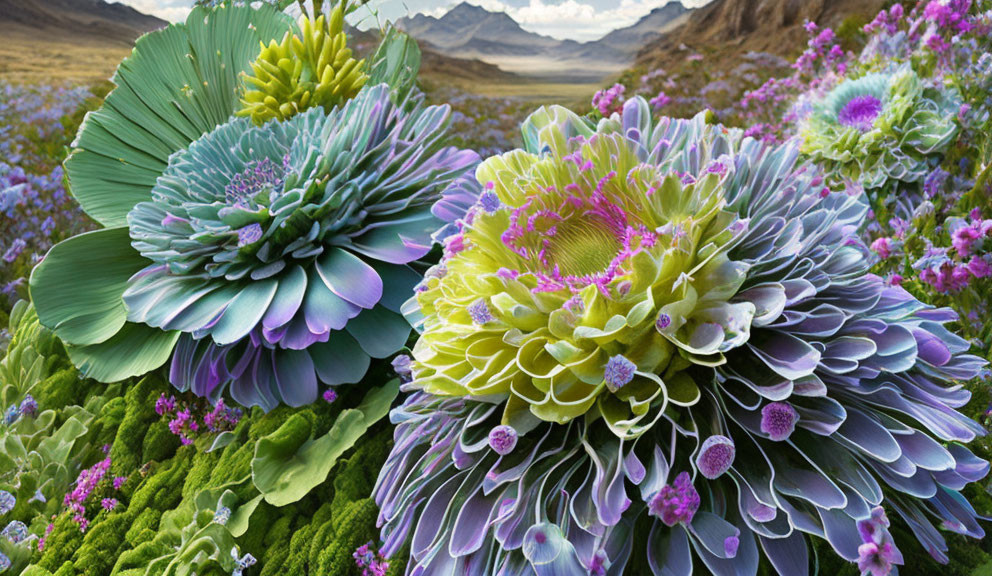 Colorful green and purple flower-like plants against mountainous backdrop