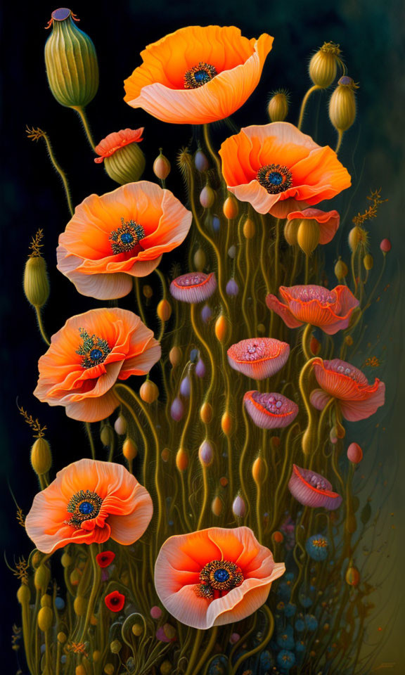 Detailed orange poppies painting on dark background