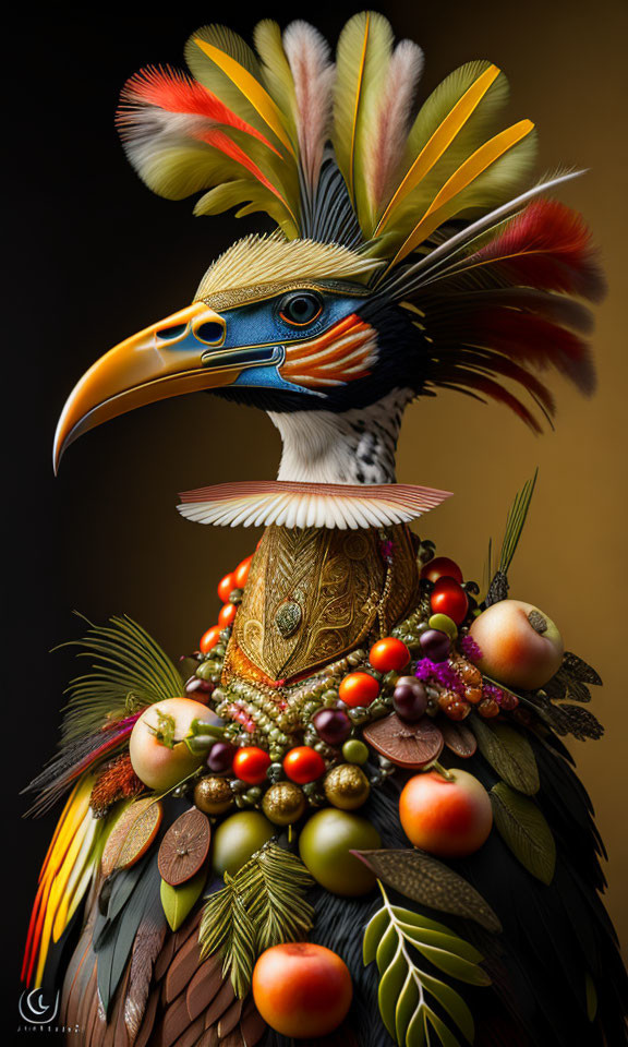 Colorful Bird Artwork Featuring Feathers, Fruits, and Foliage