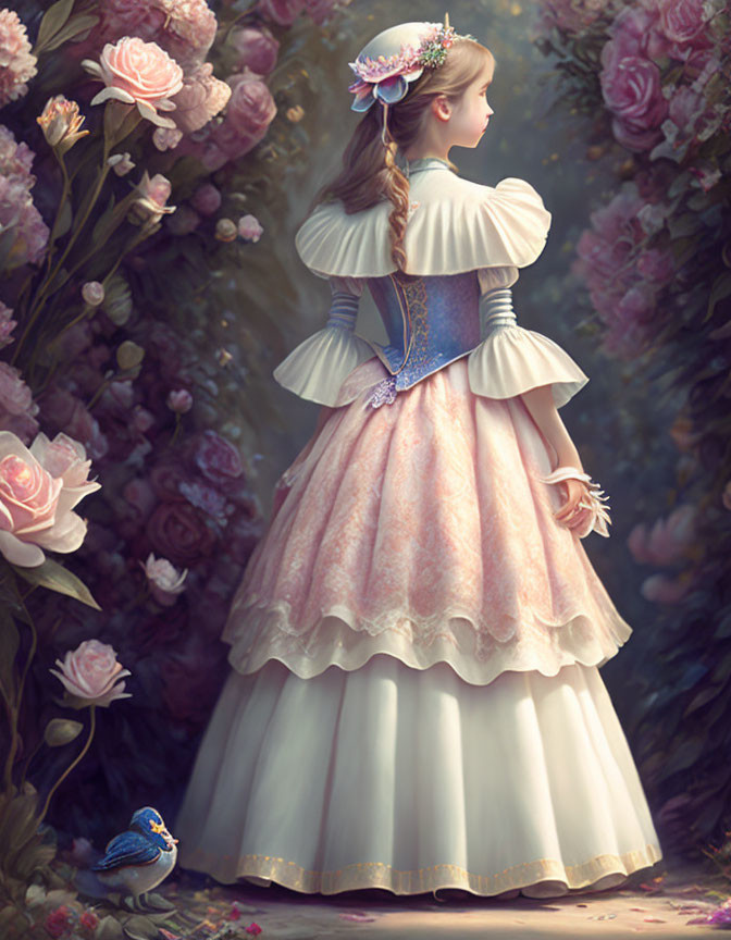 Young girl in Victorian dress with blue bird in pastel colors