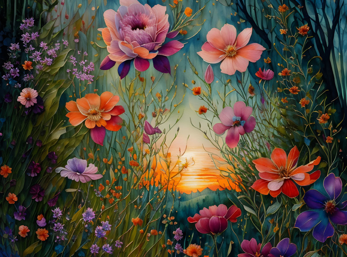 Colorful Flower Painting with Sunset Background