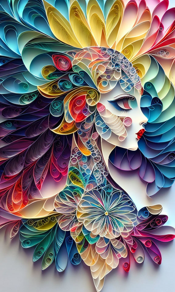 Vibrant artwork of woman with intricate, feather-like hair and elegant patterns