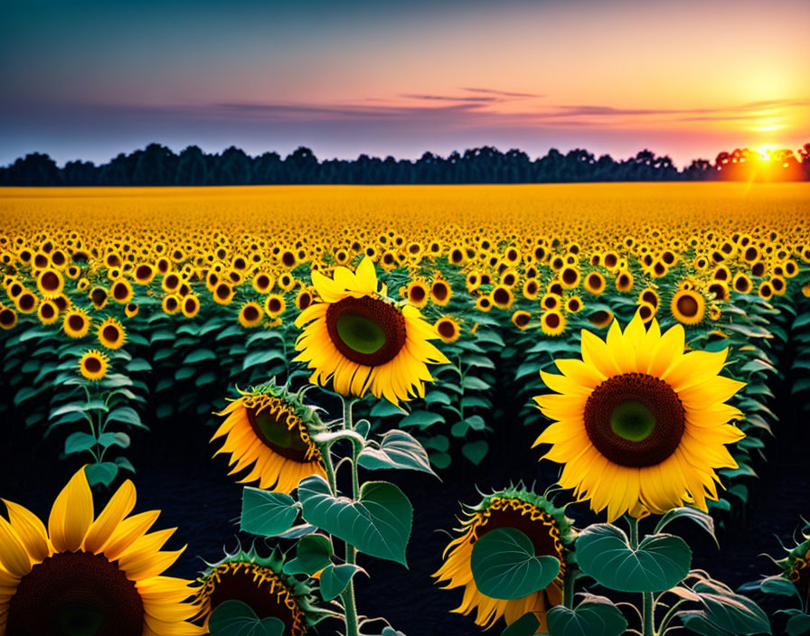 Sunflowers in golden sunset field scene