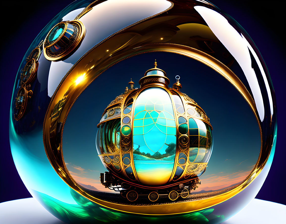 Ornate golden and glass sphere with futuristic designs reflecting mountainous landscape and night sky