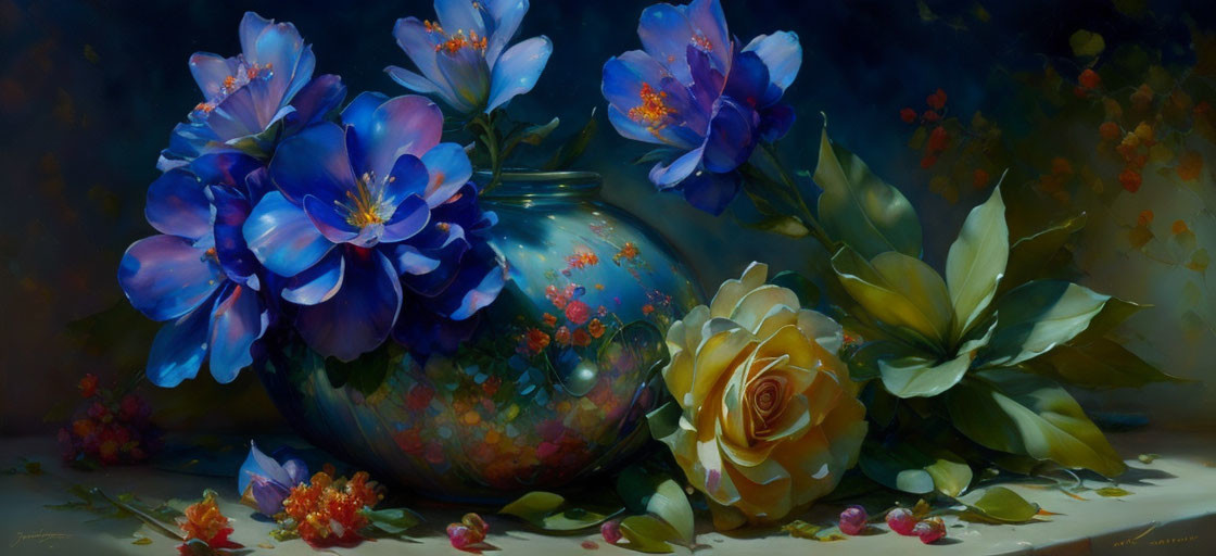 Vibrant blue flowers in round vase with yellow rose on dark background