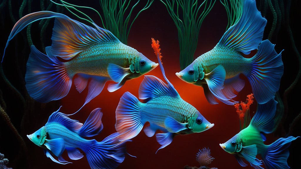 Aquarium Scene: Five Blue-Green Fish with Flowing Fins