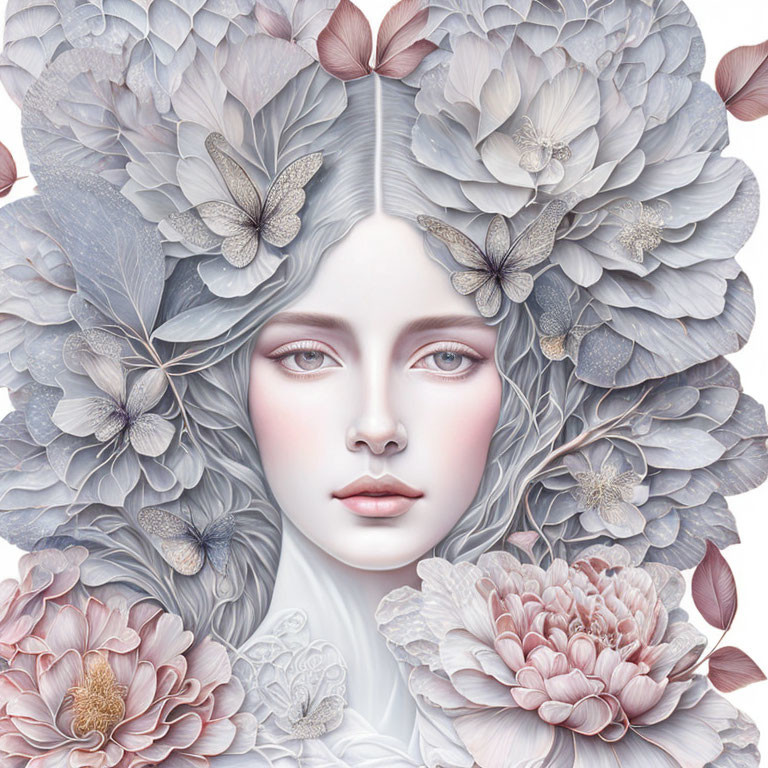 Digital artwork: Woman's face with pale skin and blue eyes, framed by white and pink flowers and