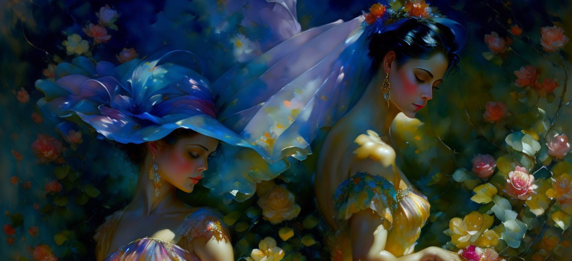 Ethereal women in mystical garden with roses.