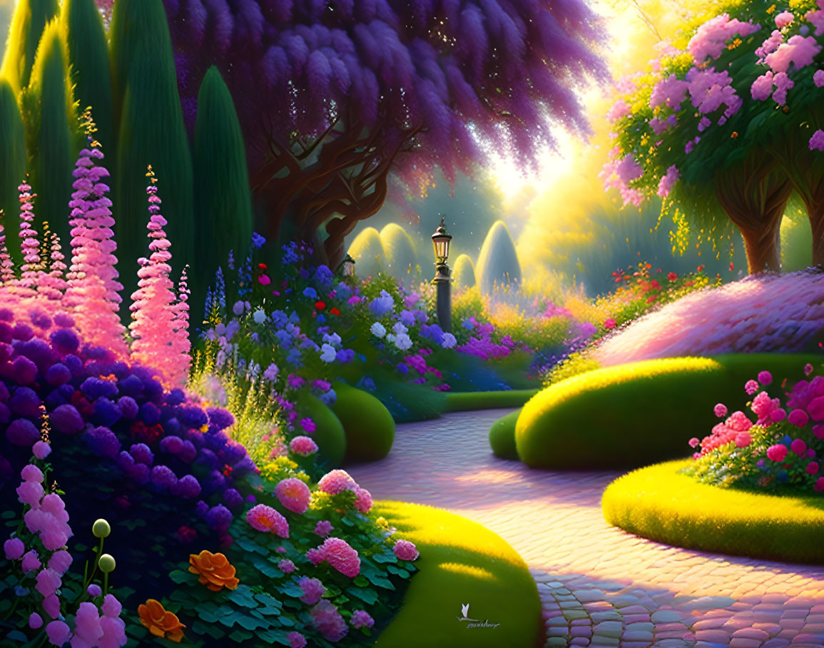 Lush garden path with colorful flowers, purple trees, and lamppost