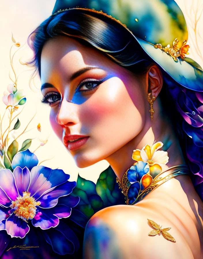 Vibrant woman portrait with flowers and butterfly in nature theme