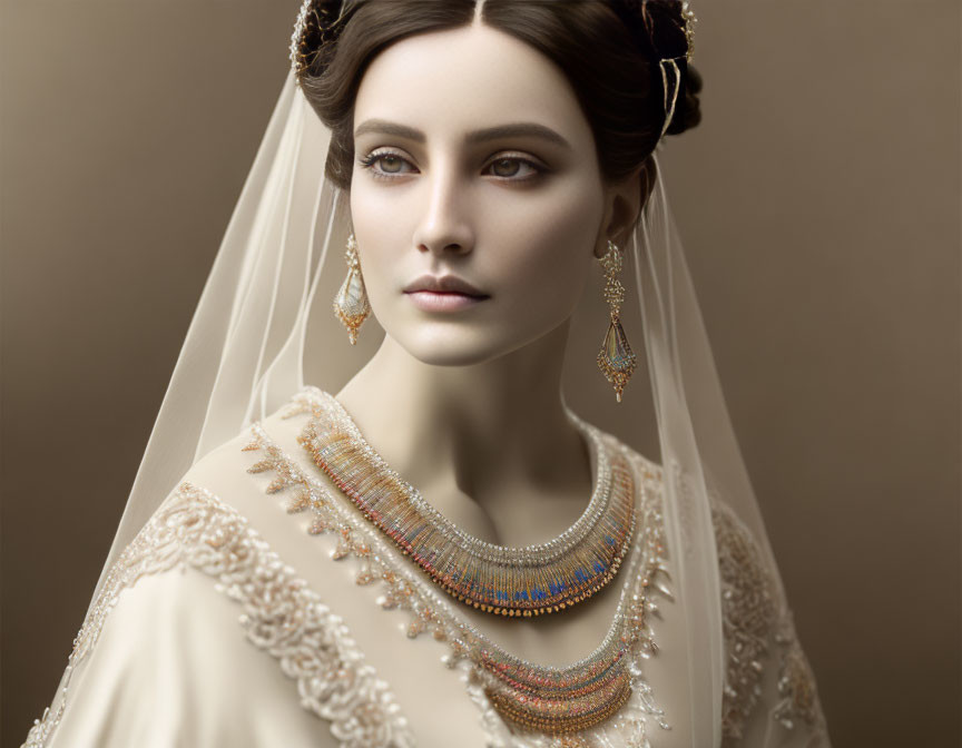 Elegant Bride in Cream Wedding Dress with Beadwork & Veil