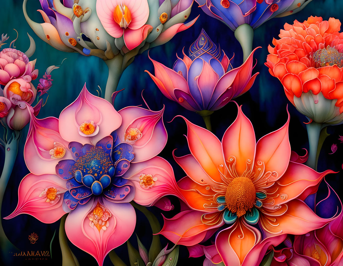 Colorful Stylized Flowers Illustration on Dark Background