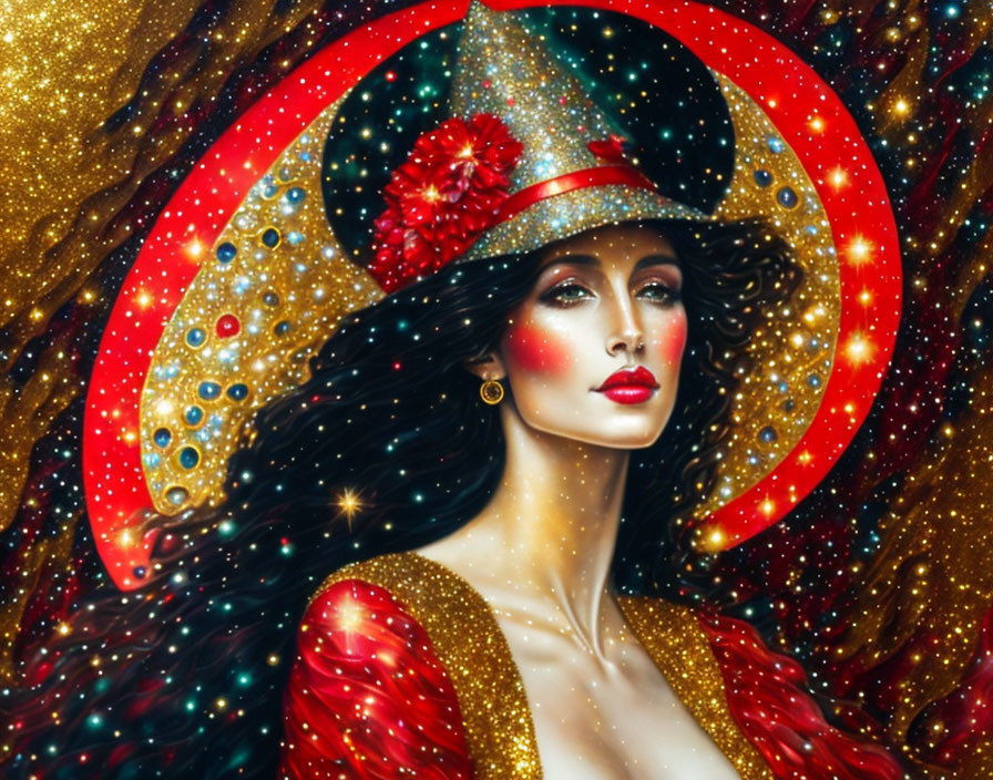 Woman in cosmic-themed outfit with celestial hat on glittery background