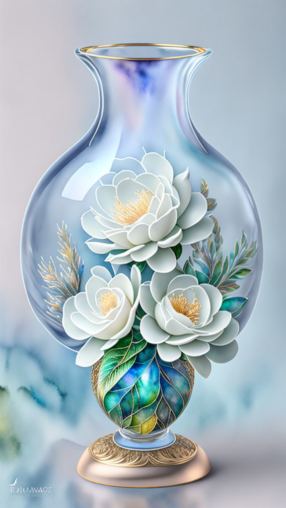 Translucent blue vase with gold base and floral relief on soft blue background