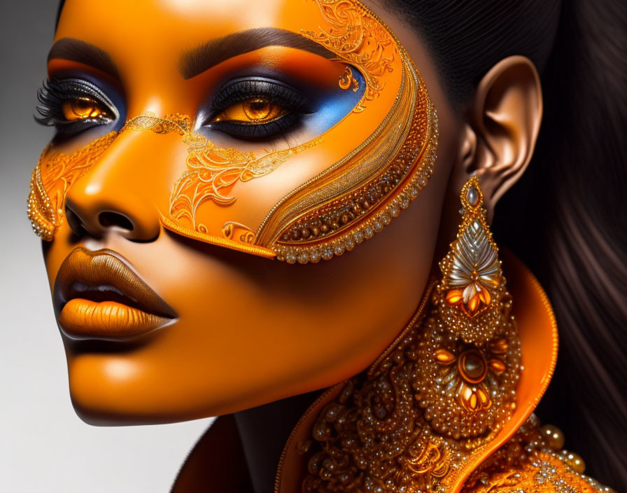 Elaborate Orange and Gold Body Art and Makeup with Jewels