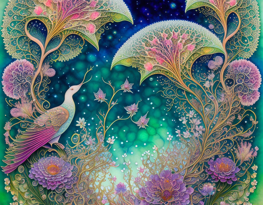 Vivid Peacock Artwork with Floral Patterns in Pink, Green, and Blue