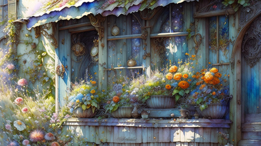 Illustration of whimsical wooden cottage with lush flowers and fairy-tale details