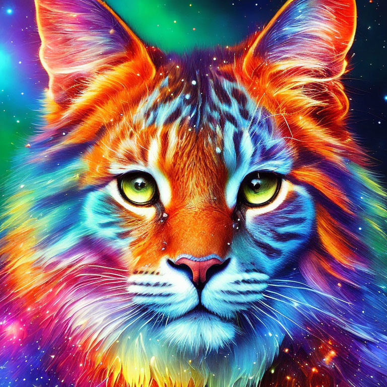 Colorful Cat Face Artwork with Intense Eyes on Cosmic Rainbow Background