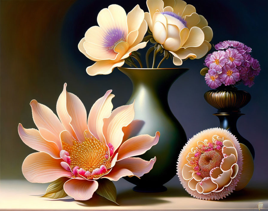 Vibrant flowers still life painting with large pink bloom on dark background