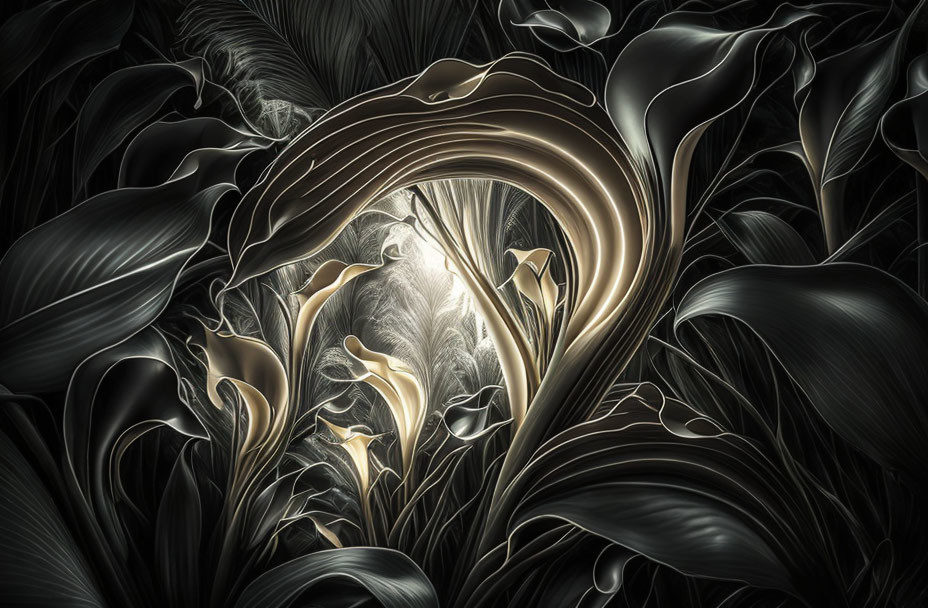 Flowing Metallic Shapes in Black, White, and Gold