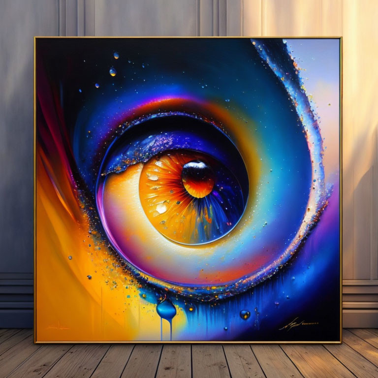 Colorful Eye Painting with Cosmic Swirls and Stars Displayed in Room