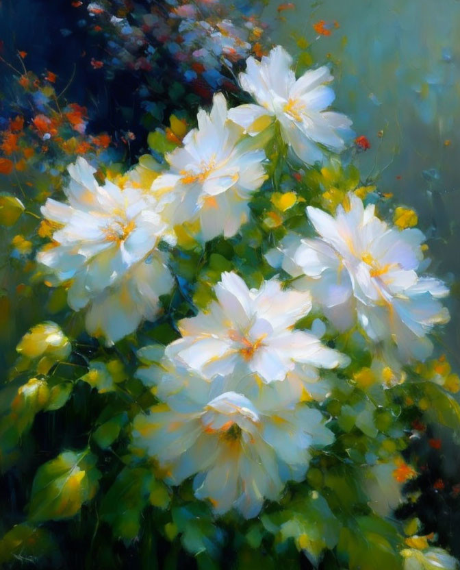 Vibrant white flowers with yellow centers on blurred colorful background