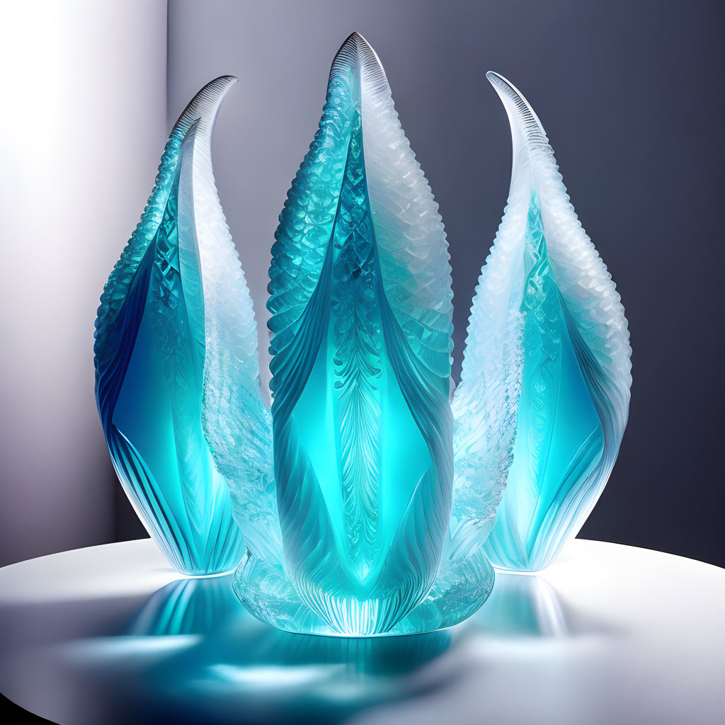 Translucent blue glass sculptures with feather-like textures on white surface