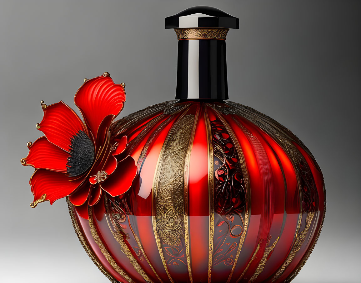 Red and Gold Ornate Perfume Bottle with Floral Design