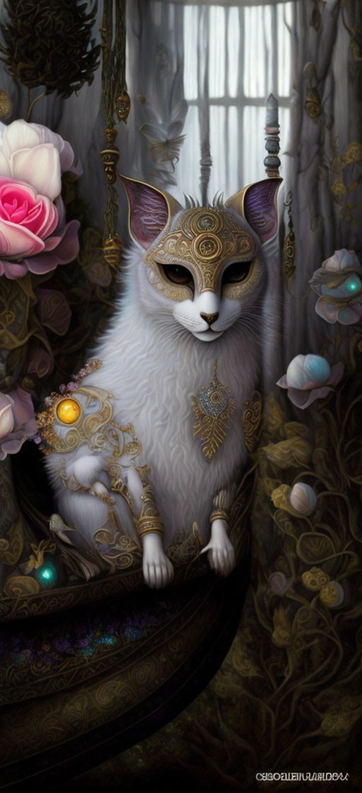 Majestic White Cat with Gold Patterns in Blooming Flowers