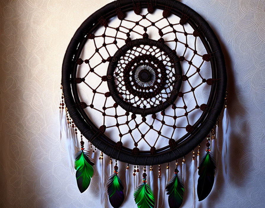 Detailed Pattern Dreamcatcher with Beads and Green Feathers