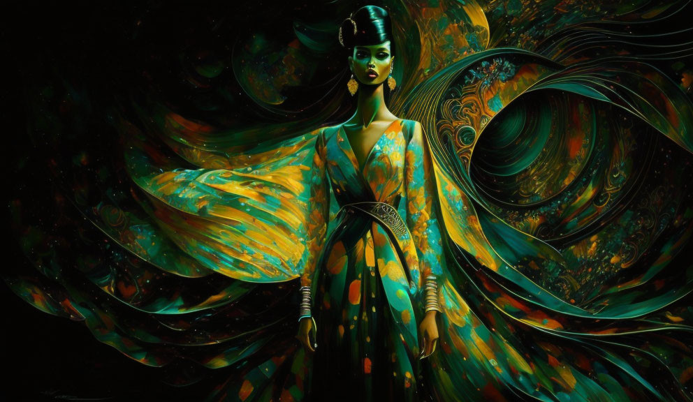 Vibrant swirling patterns on surreal woman portrait in green, gold, and orange.