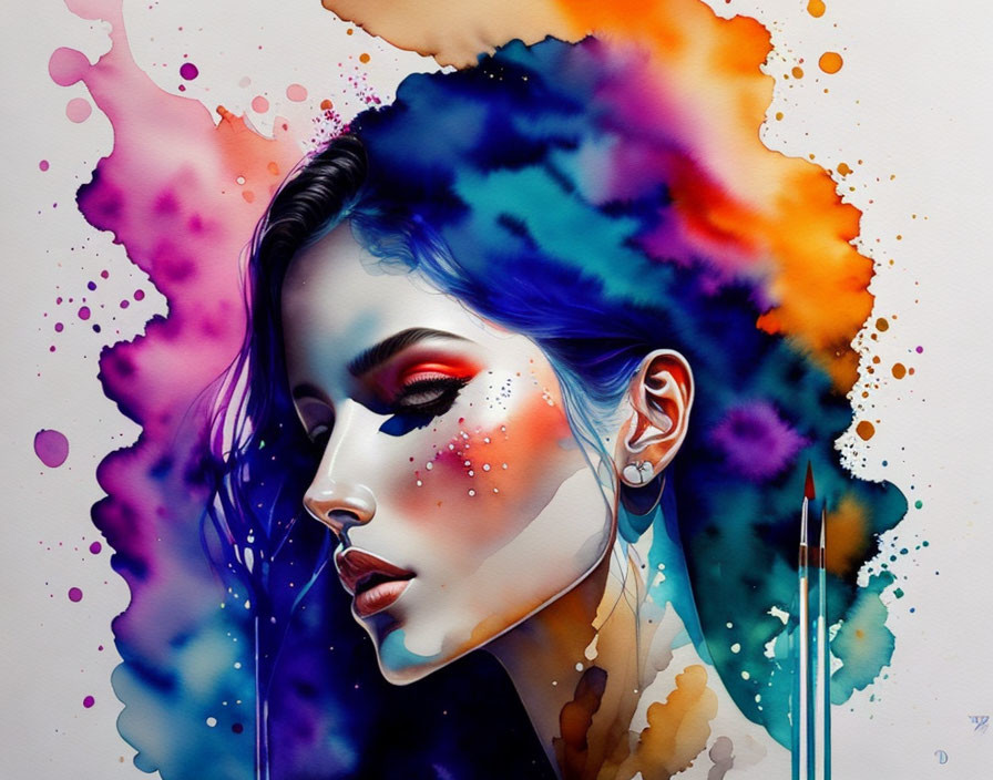 Colorful Watercolor Portrait with Ink Splashes Hair