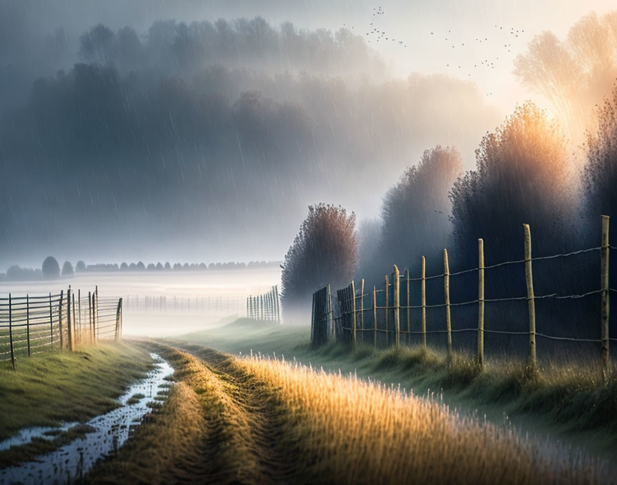 Rural landscape with muddy path, wooden fence, lush trees, and golden grass in misty sunrise