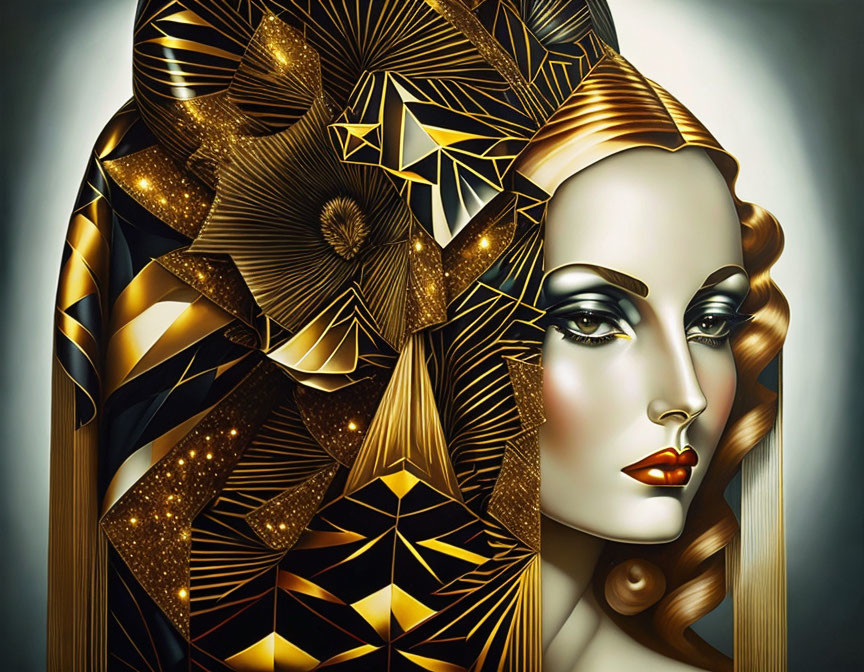 Stylized art deco portrait with golden geometric patterns and glittering hair elements