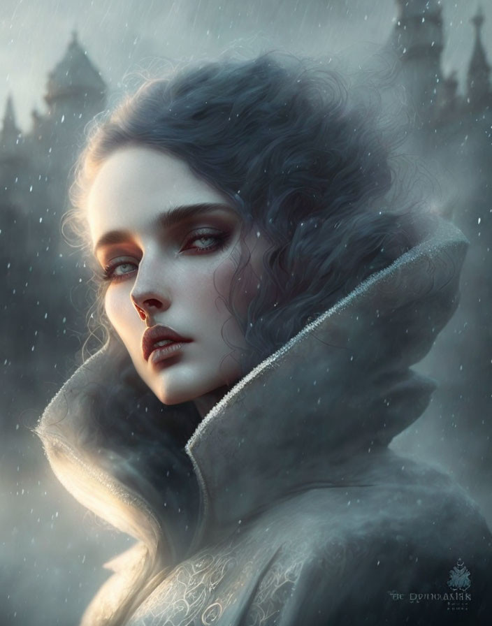 Digital artwork of woman with dark wavy hair and makeup against snowy backdrop