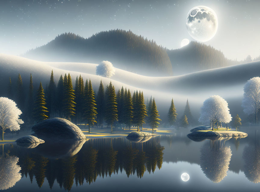 Full Moon Nighttime Landscape with Frosted Trees, Calm Lake, and Rolling Hills