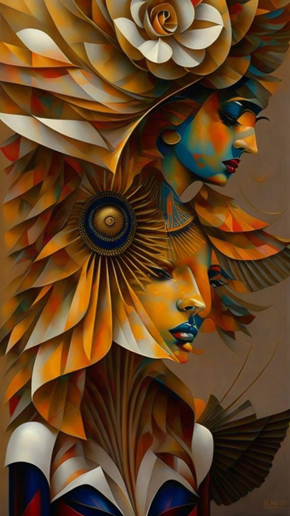 Stylized female figures with ornate, leaf-like hair in warm, autumnal hues