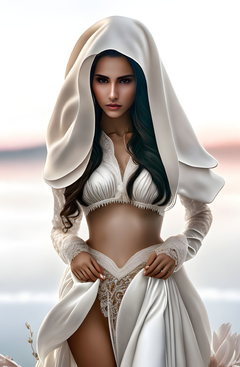 Digital artwork: Woman with dark hair, green eyes, white cloak, and corset on soft background