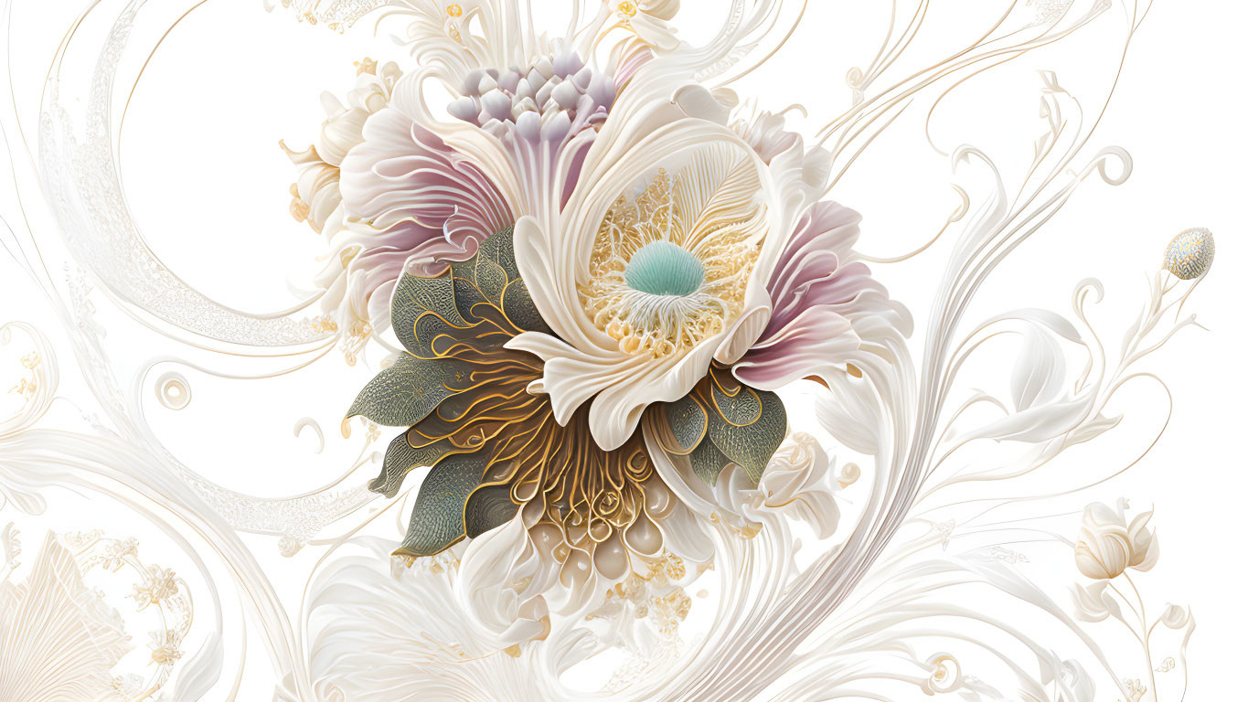 Detailed Stylized Floral Digital Artwork with Soft Colors and Golden Linework