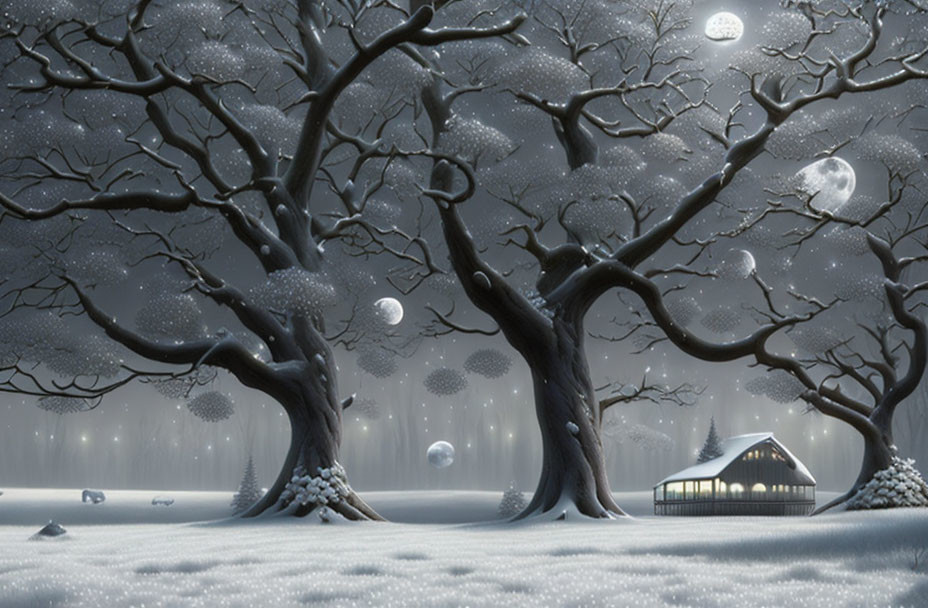 Snow-covered trees, glowing orbs, small house in tranquil winter night