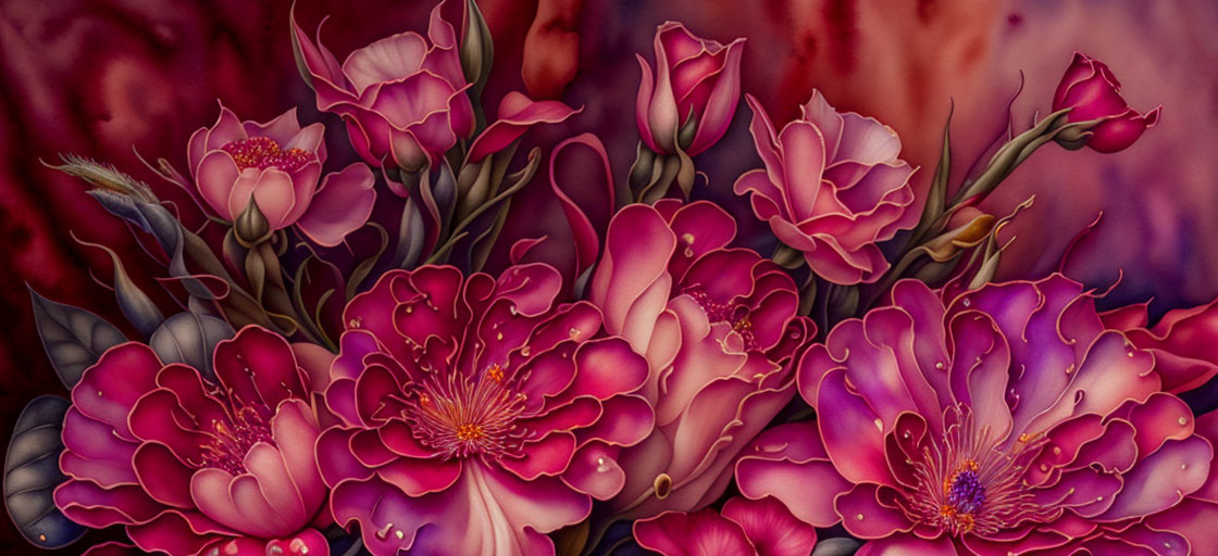 Colorful Floral Painting with Pink and Red Flowers on Purple Background