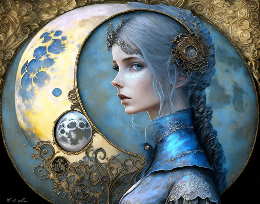 Digital artwork: Woman with ethereal features, celestial motifs, mechanical gears, moon backdrop