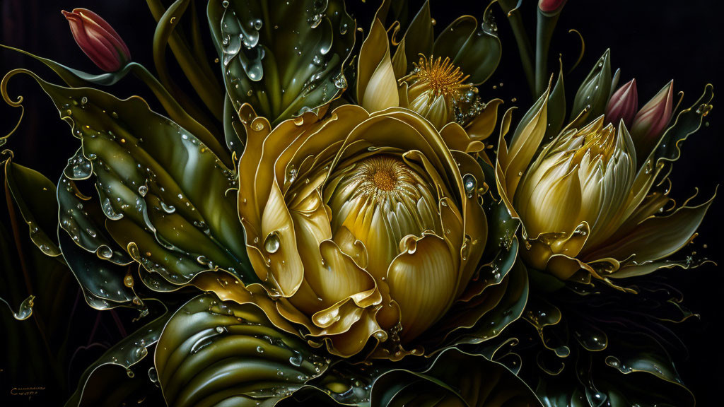 Golden flowers with water droplets on dark background - Detailed and vibrant contrast