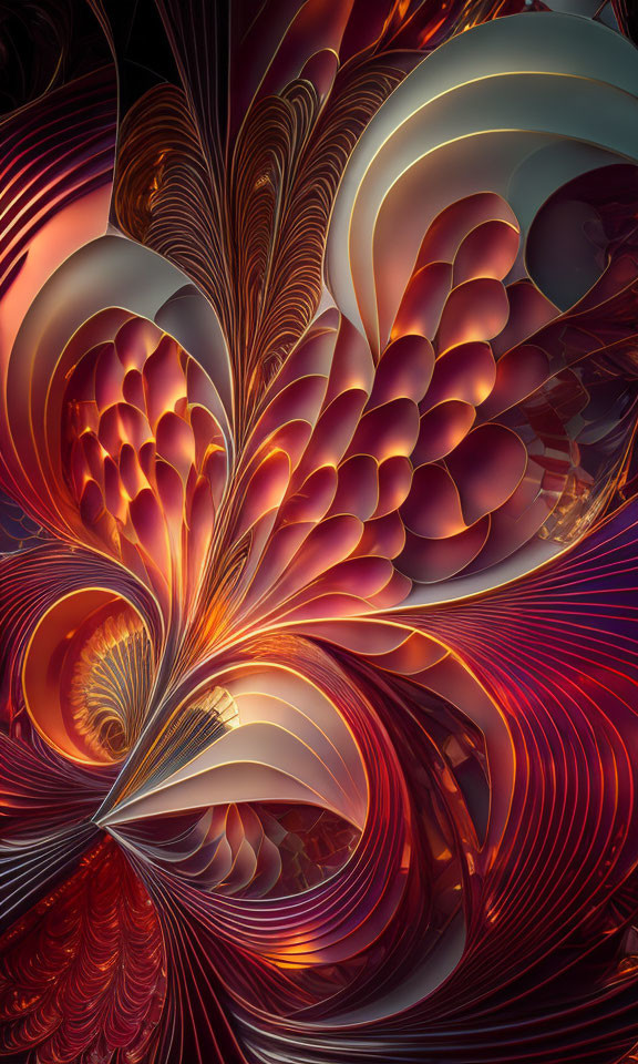 Swirling Feather-Like Fractal Art in Warm Red, Orange, and Gold