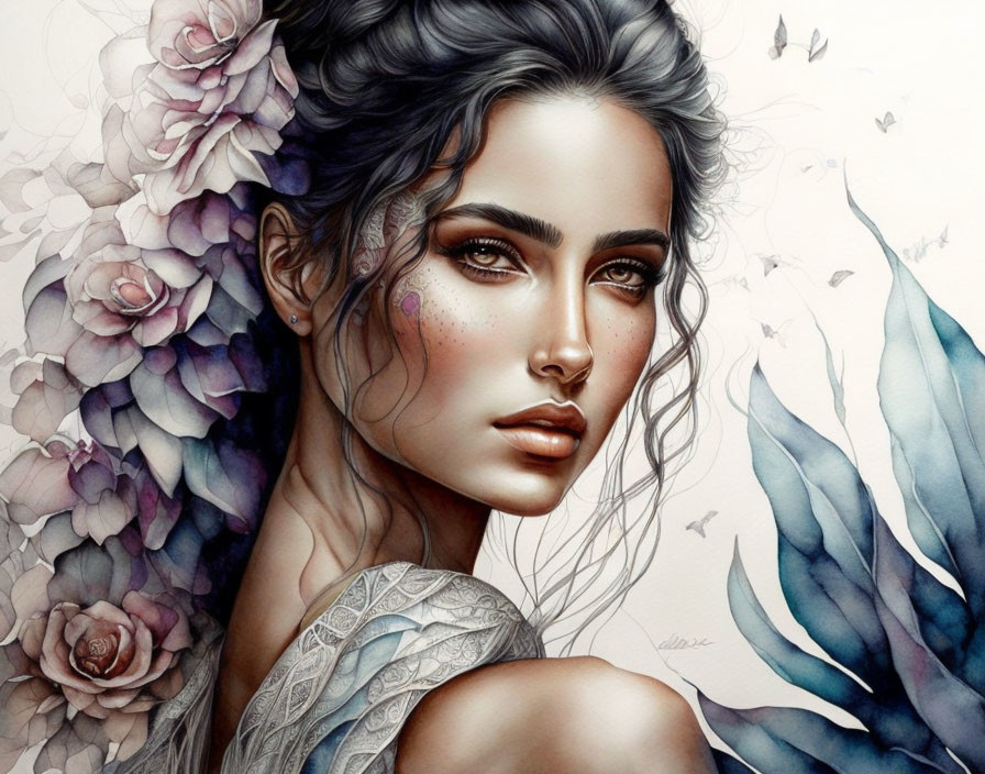 Dark-haired woman with floral and blue wing-like elements illustration.