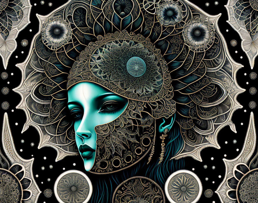 Detailed digital artwork: Woman with ornate headdress in celestial setting